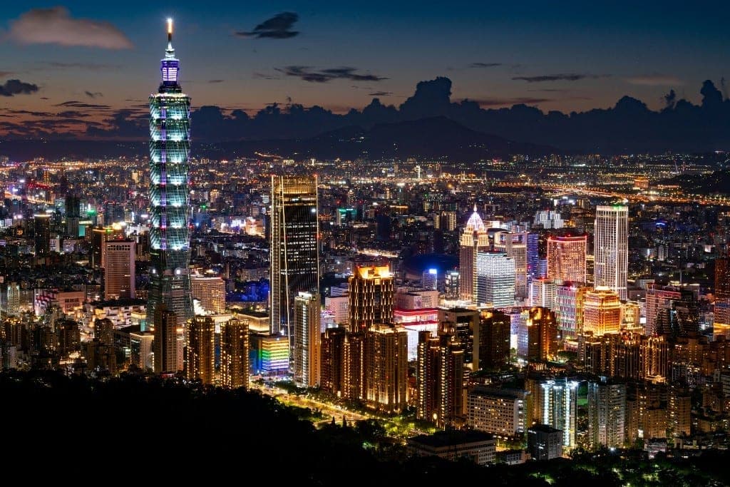 Taipei city skyline at night with Taipei 101 illuminated